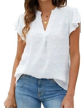 Fantaslook White Textured V-Neck Ruffle Sleeve Tunic Top